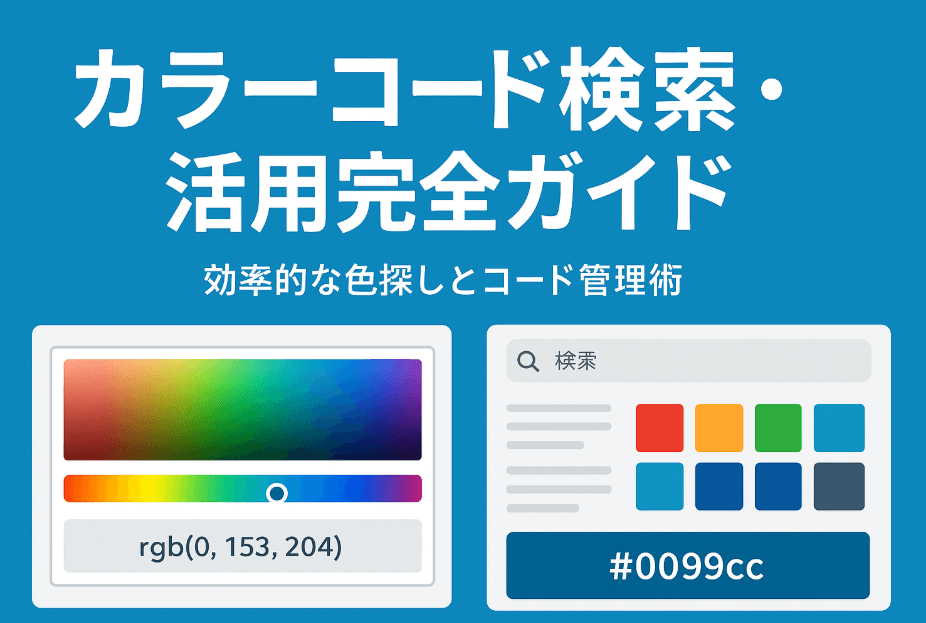カラーコード検索・活用術：RGB、CMYK、16進数カラーコードの効率的な検索方法と管理システムを示すインフォグラフィック